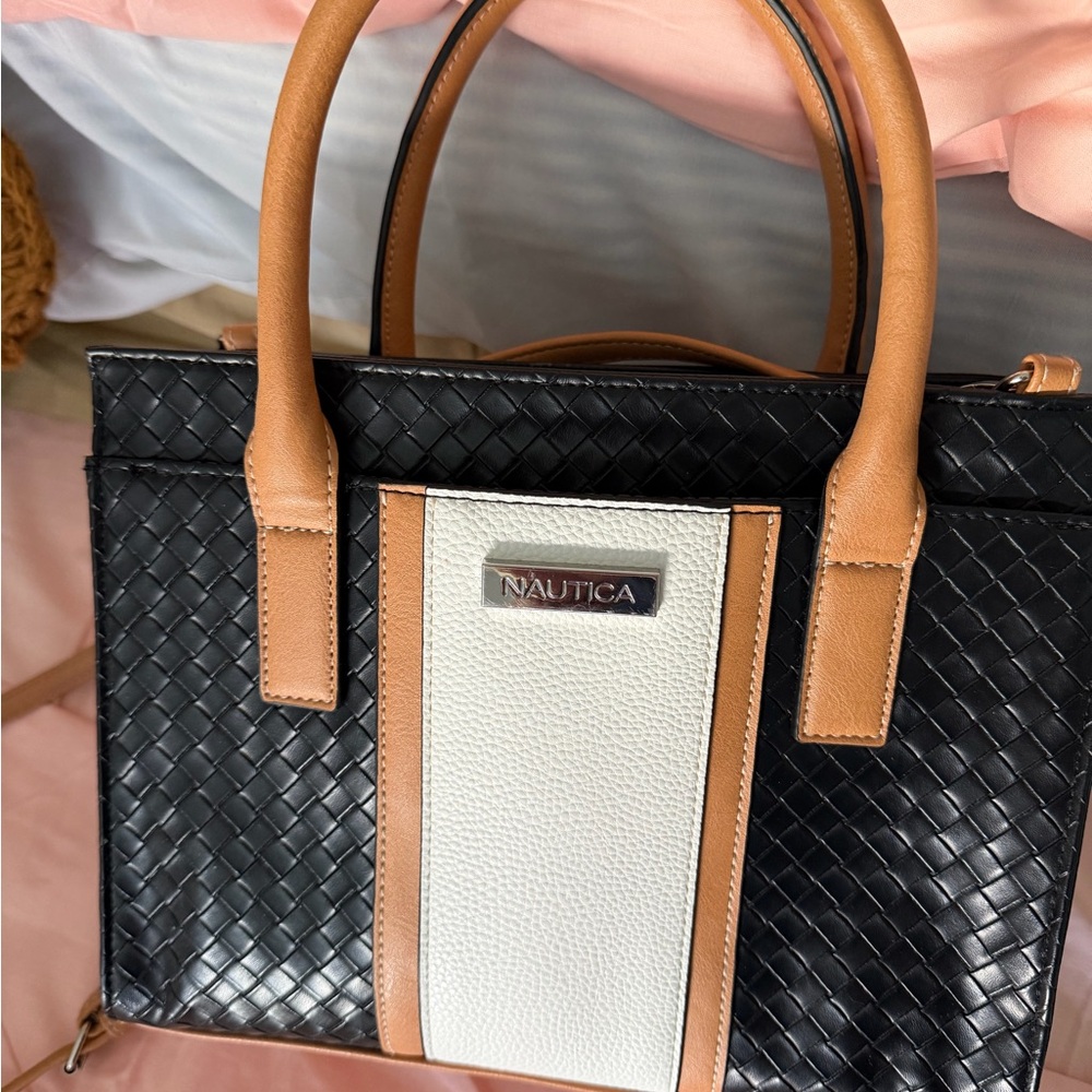 Nautica Woven Black and White Satchel with Tan Accents